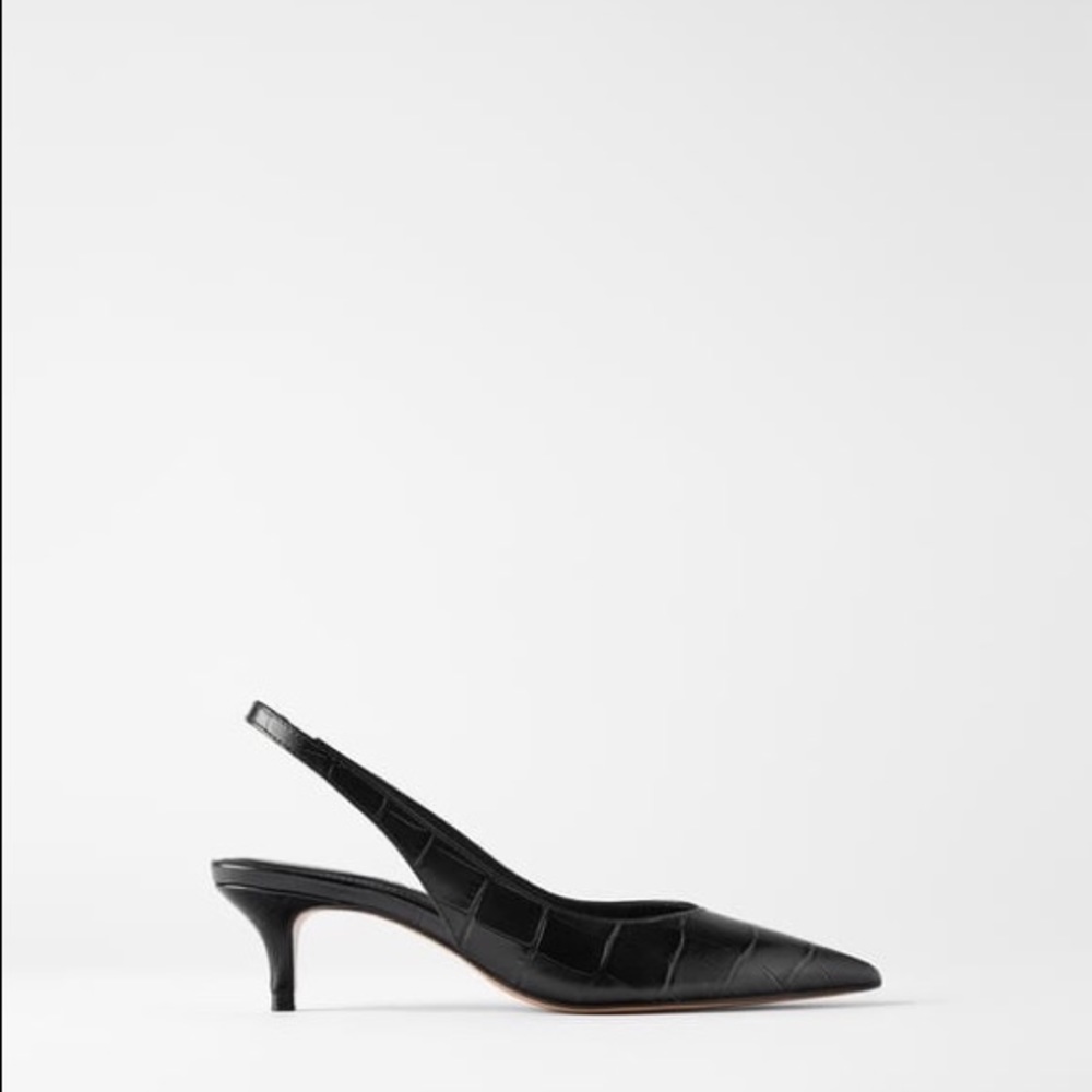 Zara black new LEATHER MID-HEEL SLINGBACKS